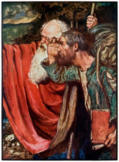 Evangelista aponta o caminho para o Portão Wicket dos peregrinos Progresso deste mundo, para o que está por vir John Bunyan (1628-1688) Ilustração de Byam Shaw (1872-1919) mostrando Evangelis de John Byam Liston Shaw