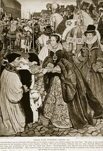 Rainha Maria entrando em Londres, 1553, ilustração da &39;Hutchinson&39;s Story ofthe British Nation&39;, c.1923 de John Byam Liston Shaw