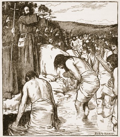O Batismo em Tara, ilustração de "A Igreja da Inglaterra: Uma História para o Povo" por HDM Spence-Jones, pub. c.1910 (foto sépia) de John Byam Liston Shaw