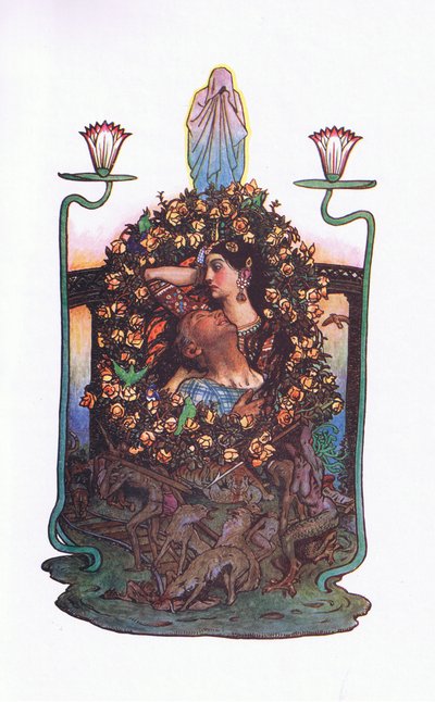O jardim da ponte, ilustração do The Garden of Kama (e outras letras da Índia), 1920 de John Byam Liston Shaw