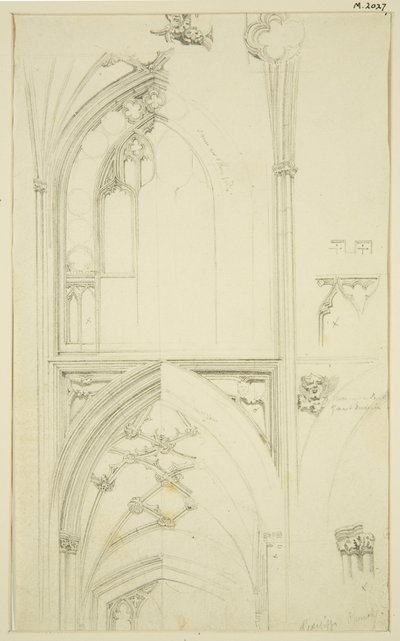 Detalhes da Janela Clerestory Tracery and Vaulting of the Aisle abaixo, em St Mary Redcliffe (lápis & aquarela sobre papel) de John Carter