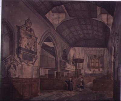 Vista interior da Igreja de St. Giles, Cripplegate, olhando para o oeste, mostrando o monumento de Constance Whitney de John Carter