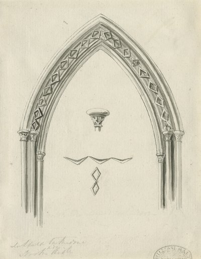 Interior da Catedral de Lichfield - Arco no corredor norte: desenho em sépia, sd [ Séc. XIX] (desenho) de John Carter