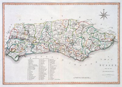 Mapa de Sussex, 26 de março de 1805 (gravura colorida à mão) de John Cary