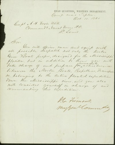 Carta assinada por J.C. Fremont, Major General Comandante, Quartel General, Departamento Ocidental, acampamento perto de Tipton, ao Capitão A.H. Foote, Comando das Forças Navais H.D., St. Louis, 11 de outubro de 1861 de John Charles Frémont