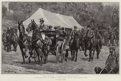 Uma festa de tiro no castelo Lowther, os convidados saindo da tenda do almoço de John Charlton