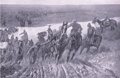 Artilharia, fording, a, caledon, em, karreepoort, drift, ilustração, de, após, pretoria :, a, guerrilha, guerra, 1902 de John Charlton