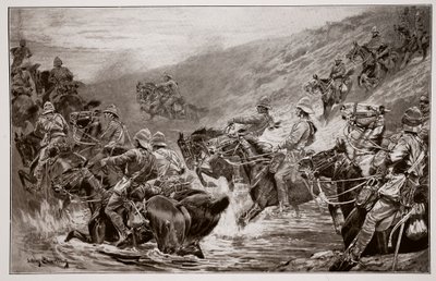 The Dash for Kimberley - O 10º Hussars Crossing Klip Drift, depois de um esboço de GD Giles (fl.1890) de John Charlton