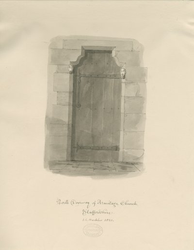 Igreja Armitage - Porta Norte: desenho em sépia de John Chessell Buckler