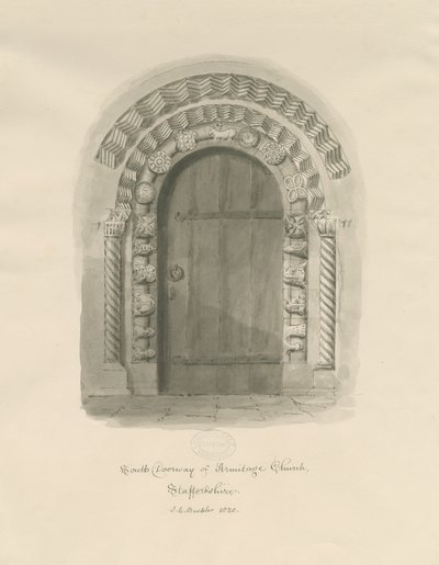 Igreja Armitage - Porta Sul: desenho sépia de John Chessell Buckler