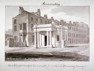 Vista leste da nova casa de pedágio perto da Igreja de St James, Bermondsey, Londres, 1827. de John Chessell Buckler