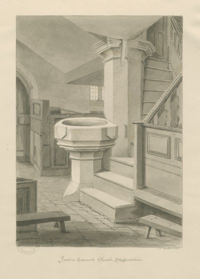 Fonte na Igreja de Cannock: desenho em sépia, 1841 de John Chessell Buckler
