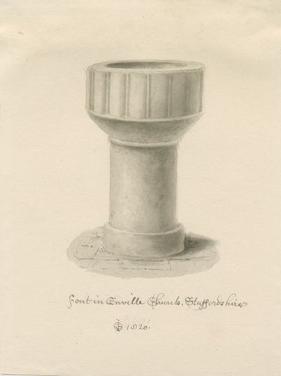 Fonte na Igreja Enville: desenho sépia, 1820 de John Chessell Buckler