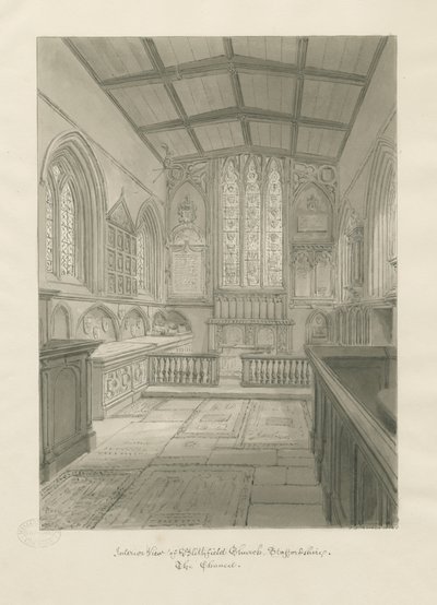 Interior da Igreja de Blithfield: desenho em sépia de John Chessell Buckler
