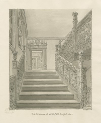 Interior do Blithfield Hall: desenho sépia de John Chessell Buckler