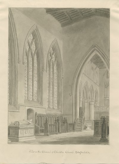Interior da Igreja de Checkley: desenho em sépia, 1841 de John Chessell Buckler