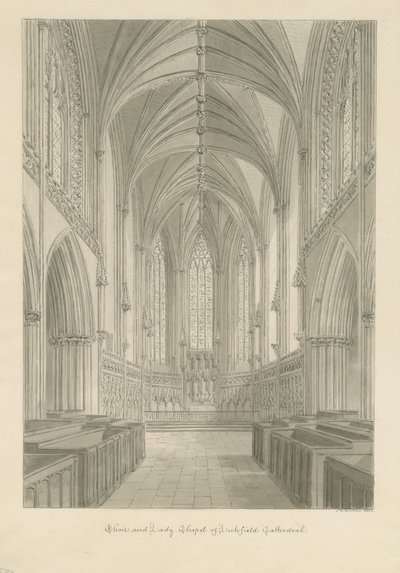 Interior da Catedral de Lichfield - Coro e Capela Lady: desenho em sépia de John Chessell Buckler