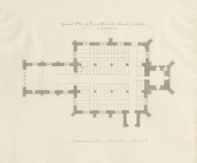 Lichfield - Planta Baixa da Igreja de São Miguel: desenho com caneta e sépia de John Chessell Buckler