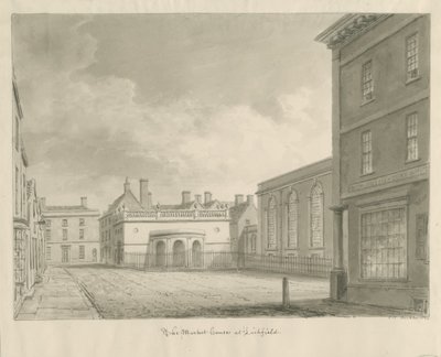 Lichfield - Casa do Mercado: desenho sépia de John Chessell Buckler