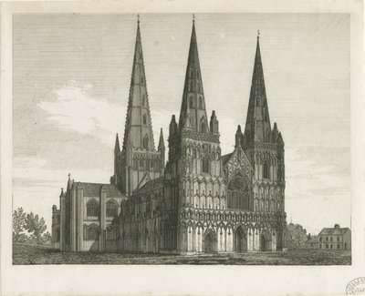 Catedral de Lichfield - Frente Oeste: gravura, nd [início do século XIX] (estampado) de John Chessell Buckler