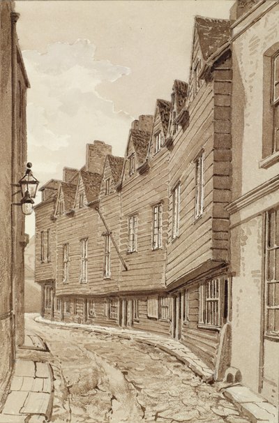 Casas antigas em Mill Lane, Bermondsey, 1828, de "Pennant&39;s London" (caneta e sépia no papel) de John Chessell Buckler