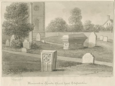 Igreja do Rocester - Monumentos e Jarda da Igreja: desenho sépia de John Chessell Buckler