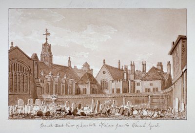 Vista sudeste do Palácio de Lambeth do adro da igreja, Londres, 1828 de John Chessell Buckler