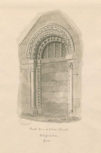 Igreja Stowe - Porta Sul: desenho sépia de John Chessell Buckler