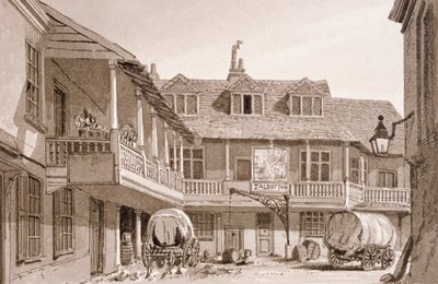 The Tabard Inn na Borough High Street, Southwark, Londres, 1827. de John Chessell Buckler