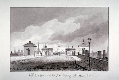 Casas de pedágio em Southwark Bridge, Londres, 1827. de John Chessell Buckler