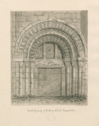 Igreja do Priorado de Tutbury - Porta Sul: desenho em sépia, 1812 de John Chessell Buckler