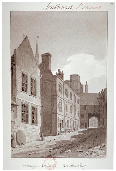 Vista olhando para o portão de Montague House, Southwark, Londres, 1827 de John Chessell Buckler
