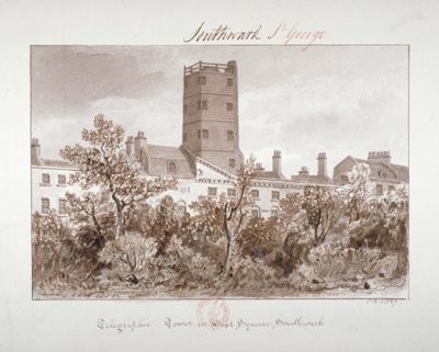 Vista da torre telegráfica em West Square, Southwark, Londres, 1827 de John Chessell Buckler