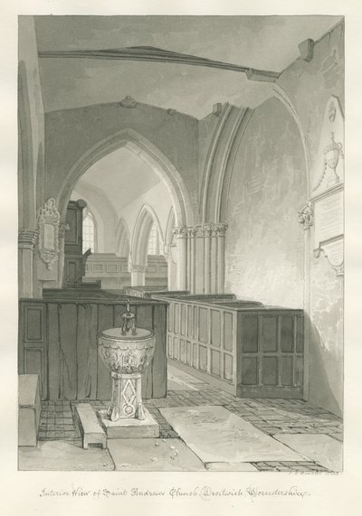 Worcestershire - Droitwich - Interior da igreja de Saint Andrew: desenho em sépia, 1833 de John Chessell Buckler