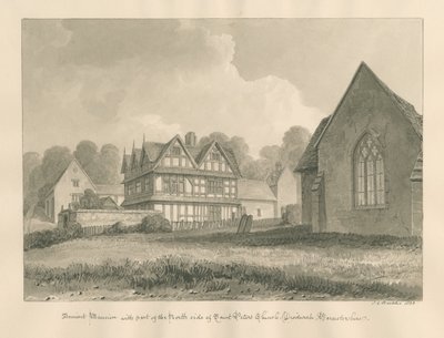 Worcestershire - Droitwich - Mansão Antiga da Igreja de São Pedro: desenho em sépia, 1833 de John Chessell Buckler