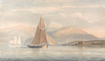 Navegação de Barco à Direita com Montanhas ao Fundo de John Christian Schetky