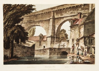 Aqueduto em Arcueil, ilustração de Versalhes, Paris e Saint Denis, bar. 1805 (aquatinta) de John Claude Nattes