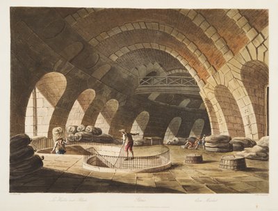 Mercado do milho, ilustração de Versalhes, Paris e Saint Denis, bar. 1805 (aquatinta) de John Claude Nattes