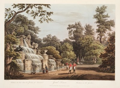 Grand Trianon, fonte no jardim, ilustração de Versalhes, Paris e Saint Denis, pub. 1805 (aquatinta) de John Claude Nattes