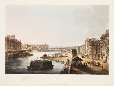 Ilha de St Loius, as torres da Igreja de Nortre Dame, a ponte de Notre Dame, o Louvre, o cais de milho, ilustração de Versailles, Paris e Saint Denis, pub. 1805 (aquatinta) de John Claude Nattes