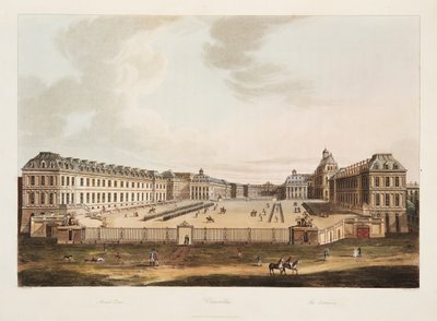 A entrada, ilustração de Versalhes, Paris e Saint Denis, pub. 1805 (aquatinta) de John Claude Nattes