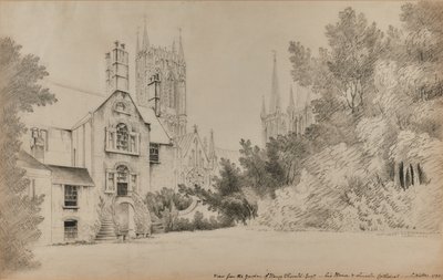 Vista do jardim de Henry Thorold, Esq., sua casa e a Catedral de Lincoln de John Claude Nattes