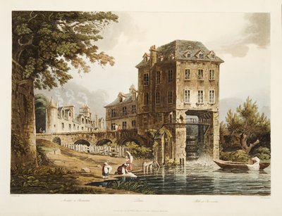 Moinho em Charenton, ilustração de Versalhes, Paris e Saint Denis, pub. 1807 (aquatinta) de John Claude after Nattes