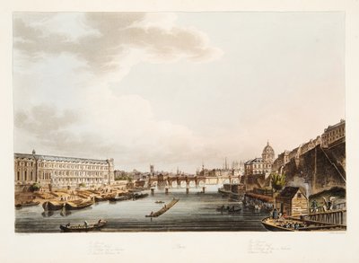 O Louvre; A nova ponte; O Colégio das 4 Nações; Voltaire Quay, ilustração de Versalhes, Paris e Saint Denis, pub. 1805 (aquatinta) de John Claude after Nattes
