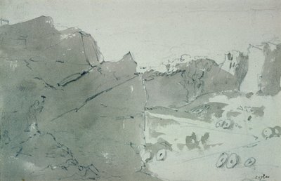 Uma pedreira para pedras de moinho em Derbyshire, 1801 (lápis e sépia no papel) de John Constable