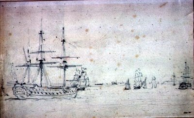Um navio ancorado e outro transporte no Tâmisa (grafite sobre papel) de John Constable
