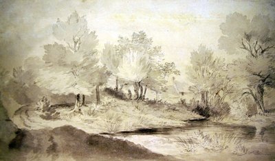 Um lago de Suffolk, com Cottages in the Distance (lápis e lavagem em papel) de John Constable
