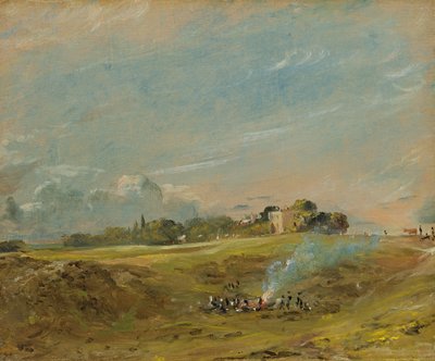 Uma visão de Hampstead Heath, com figuras em volta de uma fogueira de John Constable