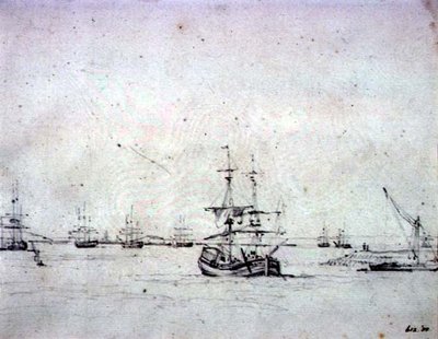 Um brigue a âncora e outro transporte no Tâmisa (grafite sobre papel) de John Constable