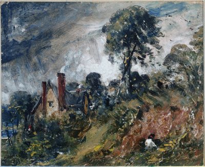 Uma cabana entre árvores, com um banco de areia (óleo sobre tela de John Constable